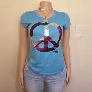 ☆PINK Victoria's Secret Blue Peace Sign Glitter Tee☆